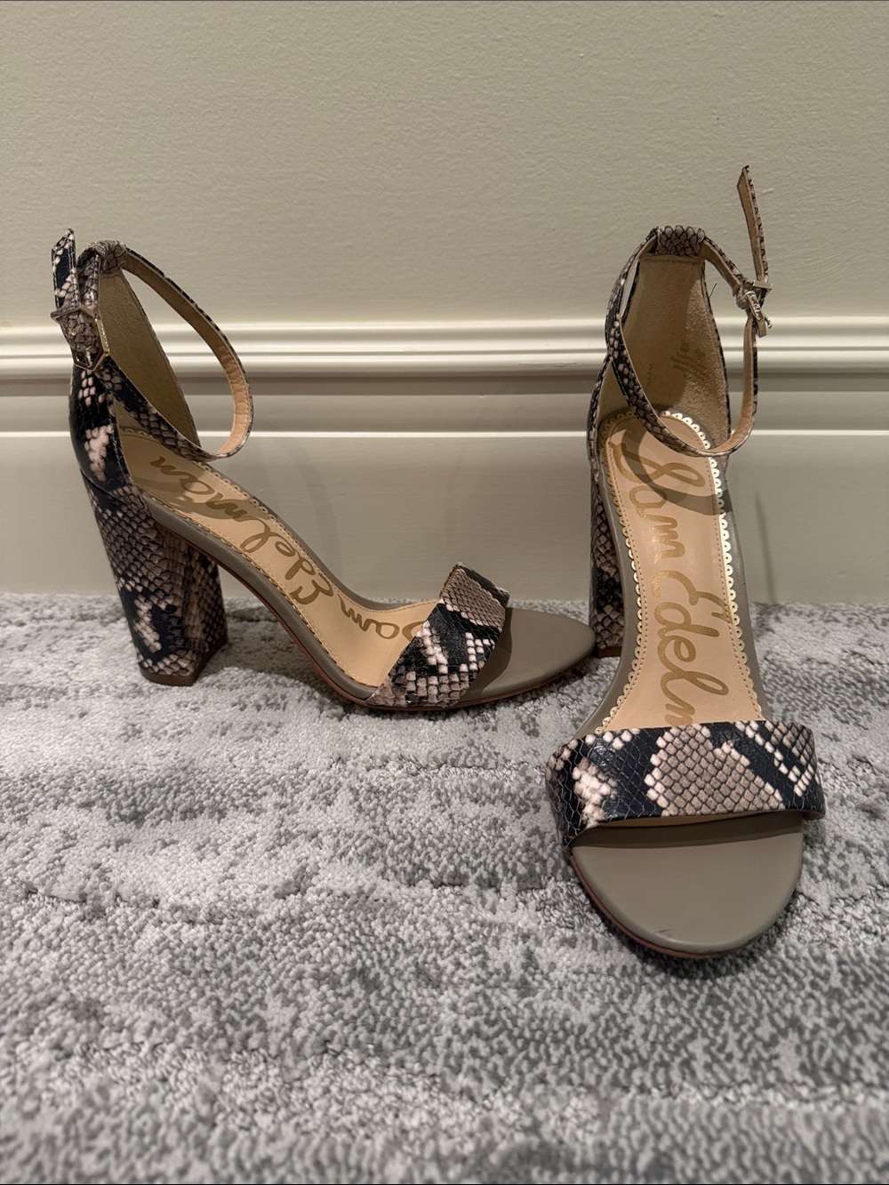 Sam Edelman Snake-Print Block Heel Sandals in Black and Beige